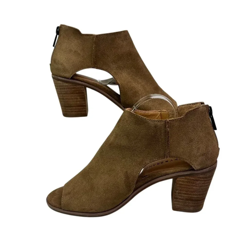 Lucky Brand Ankle Booties Womens 6.5 M Brown Keight Stacked Heel Open Toe Suede